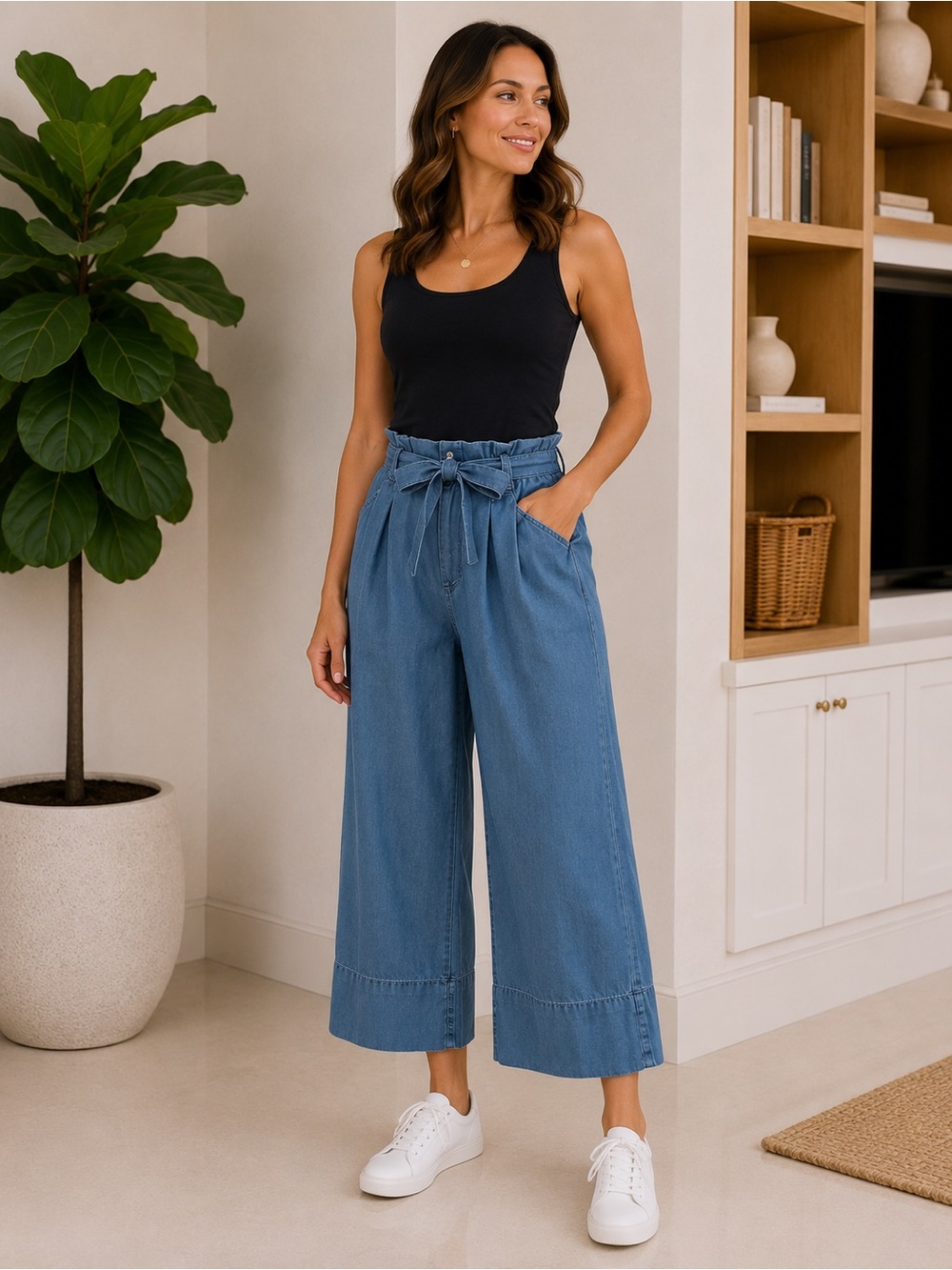 HIGHLINE Wide Leg Paperbag Waist Denim Pants - Blue M